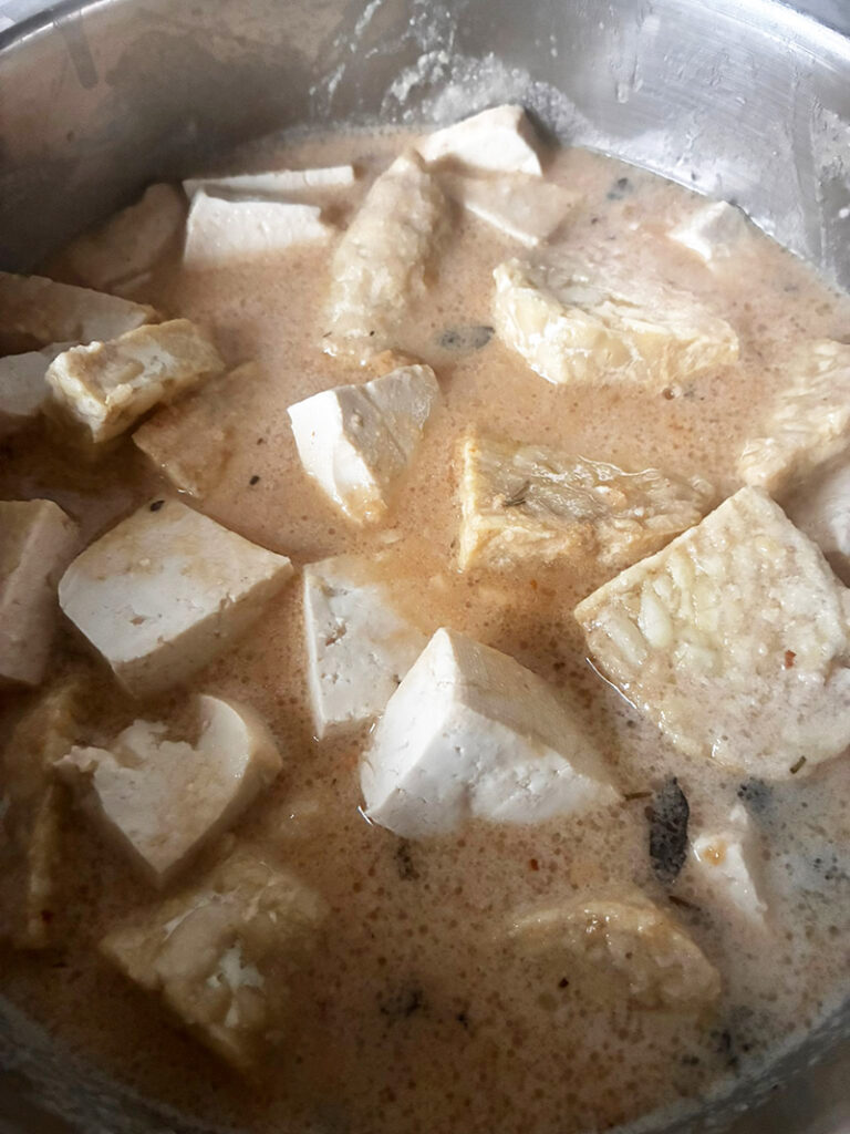 Koken Tahoe -Tempe met Roedjak-kruiden in santen