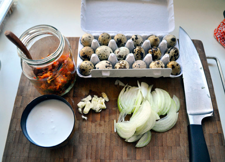 Sambal Goreng Quail Eggs with Sambal Bubuk Kering